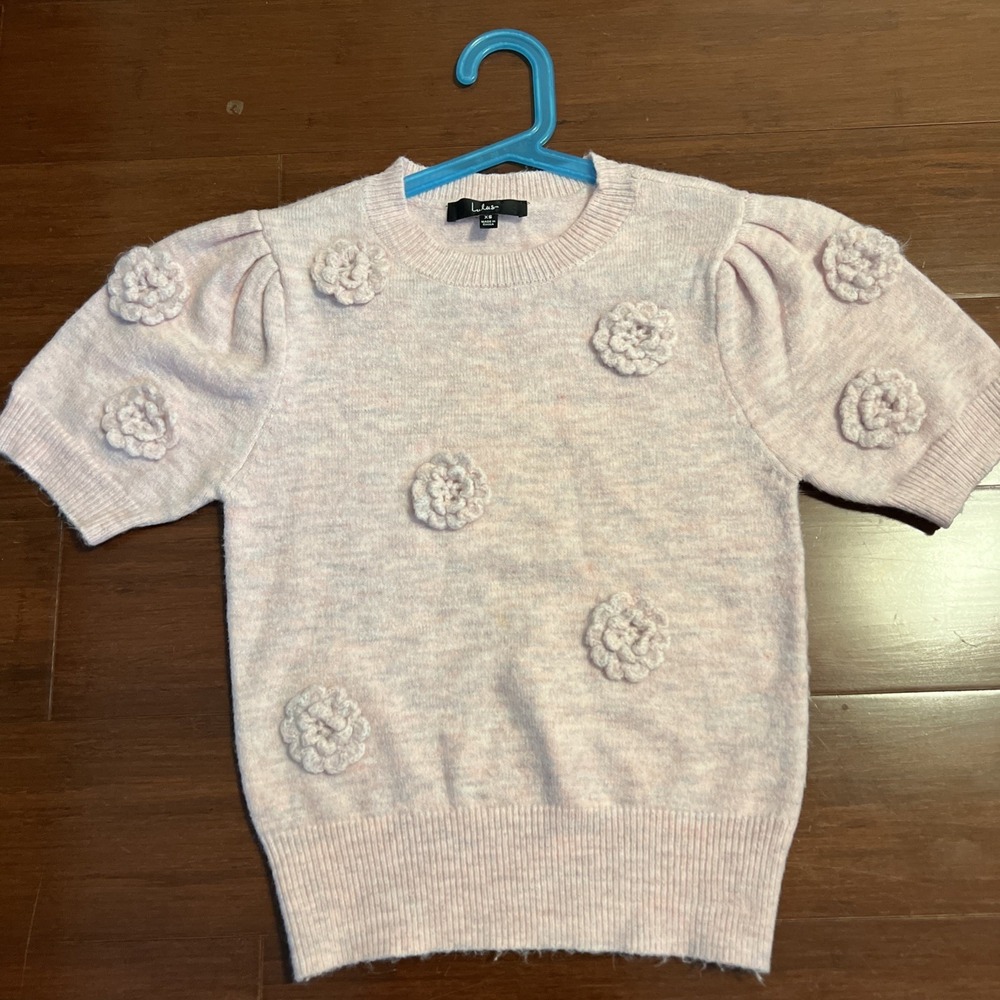 Lulus Pink Puff Sleeve Flower Stitch Embroidered Sweater Size XS